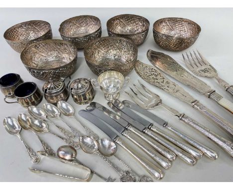 ASSORTED SILVER & SILVER PLATE comprising miniature silver trophy cup, two silver cruets and two similar EPNS examples, set o