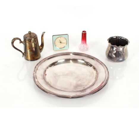 A Wiskemann plated charger; a Mappin &amp; Webb plated planter; a hot water jug; a ruby glass spill vase with silver collar; 