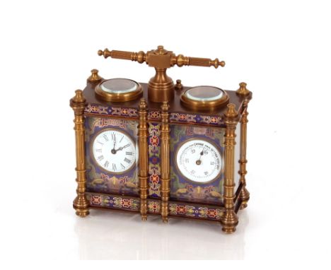 A brass double carriage clock/ barometer with cloisonné decoration