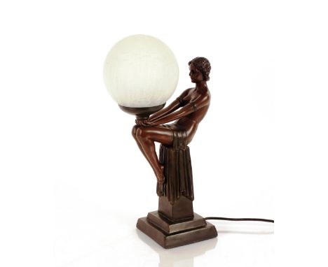 An Art Deco design table lamp, in the form of a seated semi-naked girl, with crackle glass globe shade, 44cm high overall