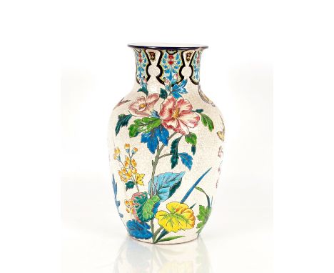 A large Longwy Pottery baluster vase, profusely decorated birds and flowers and coloured enamels , 46cm high (some damage)