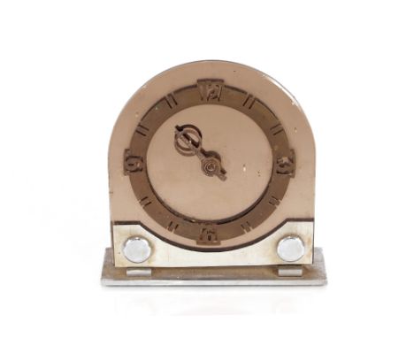An Art Deco chrome mounted mantel clock with tinted mirrored backplate, 17.5cm high 