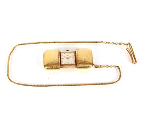 A yellow metal plated purse watch, by Laco hung to a long chain