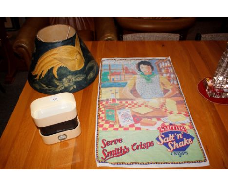 A set of Terraillon kitchen scales; a "Smith's Crisps" advertising tea towel; and a bird decorated lamp shade