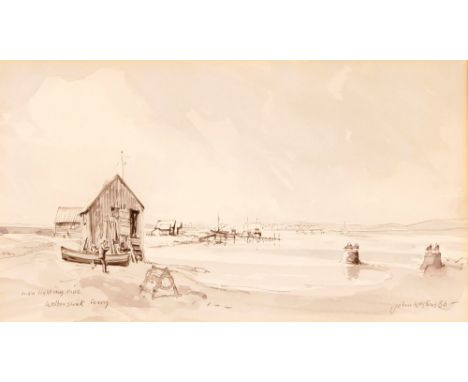 John Western, "Lighting A Pipe, Walberswick Ferry", signed pencil sketch, dated '86, 15.5cm x 27.5cm