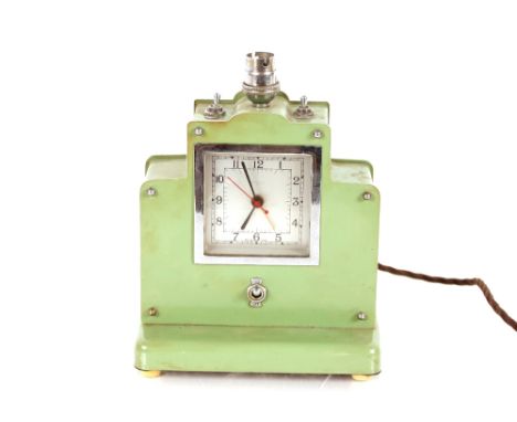 A large Art Deco green metal alarm clock / table lamp, 27cm high 