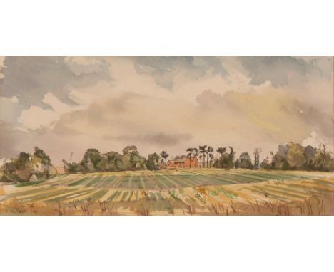 Alan Powers, study of house in a woodland with lighthouse in the far ground, watercolour, signed and dated 1983, 18.5cm x 37c