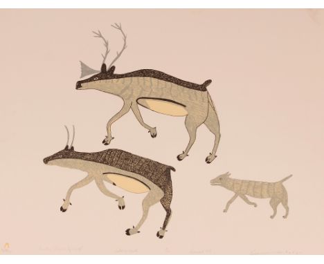 Keeleemeeoomee Samualie (1919 - 1983), "Caribou Chased By Wolf" pencil signed lithograph, limited edition 7/50, 51cm x 66cm