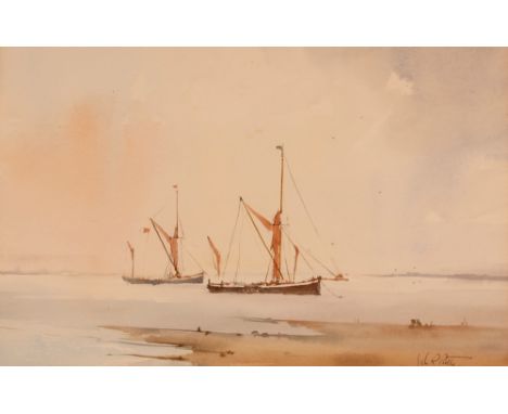 John R Pretty, study of barges at Pin Mill, signed watercolour, 23.5cmx 35.5cm  