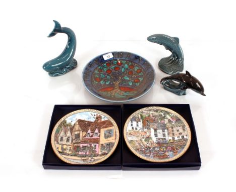 Two boxed Royal Worcester plates; three Poole pottery dolphin ornaments and a Poole pottery plate