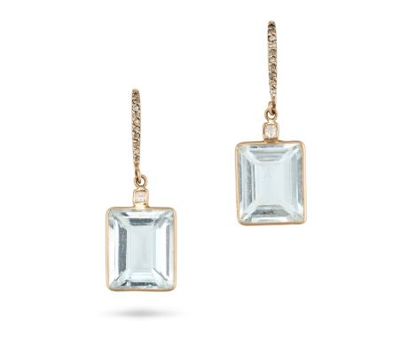 A PAIR OF AQUAMARINE AND DIAMOND DROP EARRINGS each comprising a row of round cut diamonds suspending a rectangular step cut 