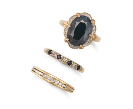 NO RESERVE - THREE GEMSET RINGS comprising a diamond band ring, partial British hallmarks for 18ct gold, size S / 9, 2.4g, a 