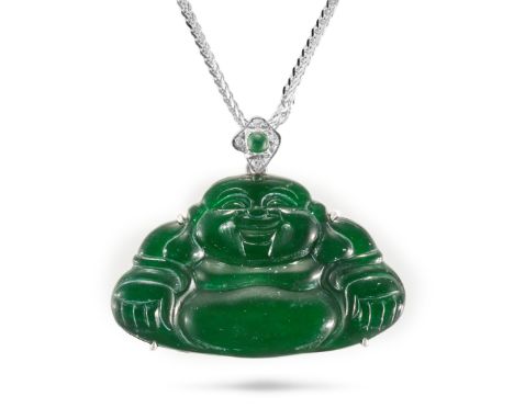 A NATURAL JADEITE JADE AND DIAMOND BUDDHA PENDANT NECKLACE the pendant set with a round cabochon jadeite jade accented by rou
