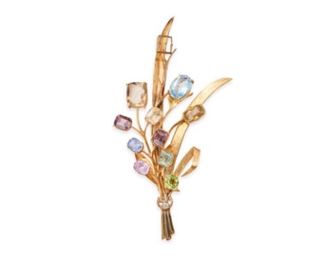NO RESERVE - A VINTAGE GEMSET SPRAY BROOCH in yellow gold, designed as a spray of foliage set with yellow, pink and blue sapp