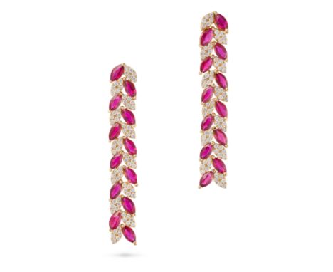 A PAIR OF RUBY AND DIAMOND DROP EARRINGS each comprising two rows of marquise cut rubies and marquise shapes set with round c