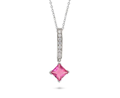 A PINK TOURMALINE AND DIAMOND PENDANT NECKLACE in 18ct white gold, the pendant set with a row of round brilliant cut diamonds