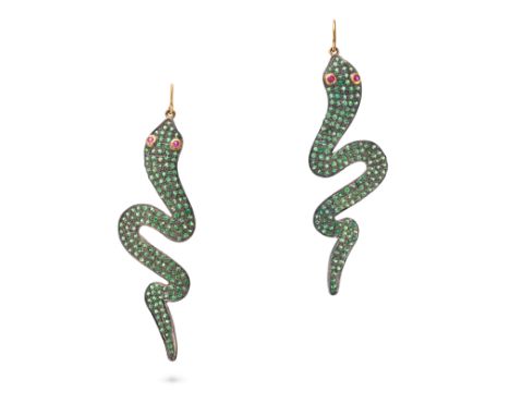 A PAIR OF TSAVORITE GARNET AND RUBY SNAKE EARRINGS each designed as a snake set throughout with round cut tsavorite garnets, 