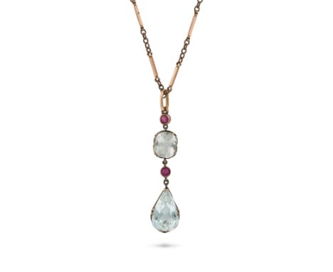 AN ANTIQUE RUSSIAN AQUAMARINE AND RUBY PENDANT in 56 zolotnik gold, comprising two round cut rubies and a cushion cut aquamar