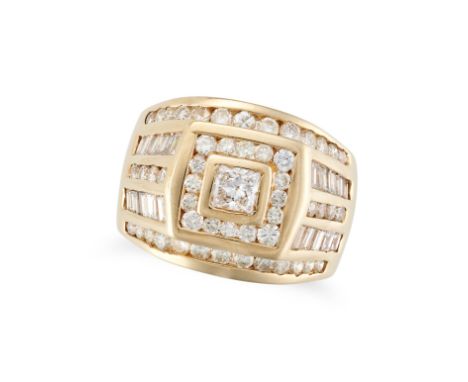 A DIAMOND DRESS RING set with a princess cut diamond in a border of round brilliant cut diamonds, accented by rows of further