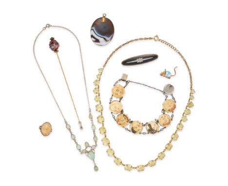 NO RESERVE - A COLLECTION OF JEWELLERY comprising a glass hat pin, head 2.0cm, an antique bracelet set with circular discs ca