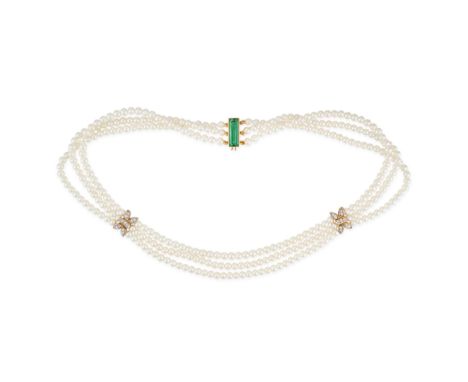 A PEARL, GREEN TOURMALINE AND DIAMOND NECKLACE comprising three rows of pearls accented by two foliate spacers set with round