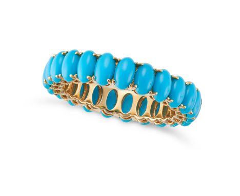 A TURQUOISE ETERNITY RING set all around with a row of oval cabochon turquoise, stamped 18K, size O / 7.25, 4.0g. 