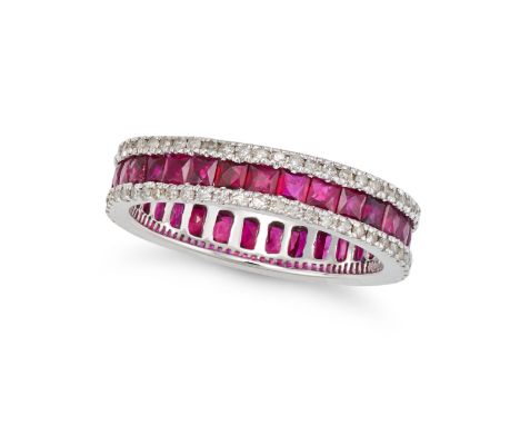 A RUBY AND DIAMOND ETERNITY RING set all around with a row of square step cut rubies accented by round cut diamonds, stamped 