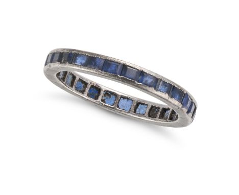 NO RESERVE - A SAPPHIRE ETERNITY RING set all around with a row of square step cut sapphires, no assay marks, size O / 7.25, 