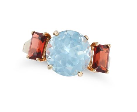 A BLUE TOPAZ AND GARNET RING set with a round cut blue topaz, accented on each side by a rectangular step cut garnet, no assa