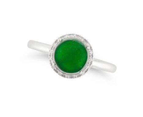NO RESERVE - AN UNTREATED JADEITE JADE AND DIAMOND RING set with a round polished jadeite jade of 0.64 carats in a border of 
