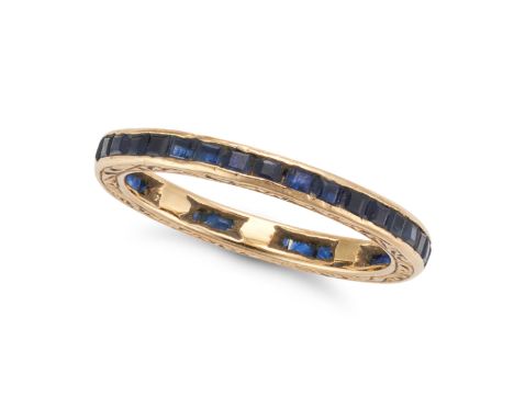 NO RESERVE - A SAPPHIRE ETERNITY RING set all around with a row of square step cut sapphires, no assay marks, size H / 3.75, 