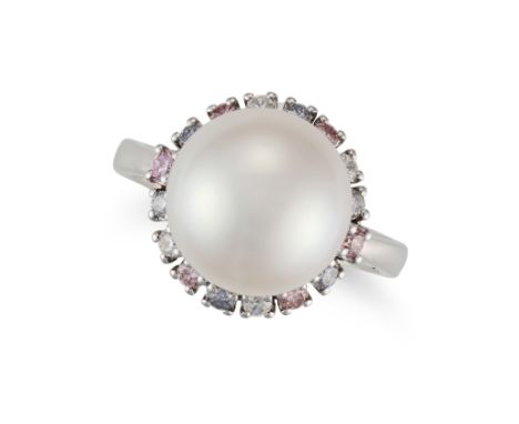 A PEARL AND MULTICOLOUR DIAMOND RING set with a pearl of 11.6mm in a border of round brilliant cut blue, pink and purple diam