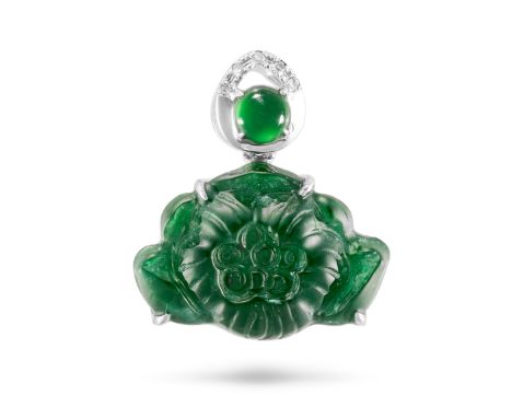 NO RESERVE - A NATURAL JADEITE JADE PENDANT the pendant set with a round cabochon jadeite jade accented by round cut diamonds