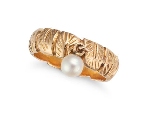 NO RESERVE - A PEARL RING comprising a foliate band suspending a pearl, marked indistinctly, size F1/2 / 3, 4.1g. 