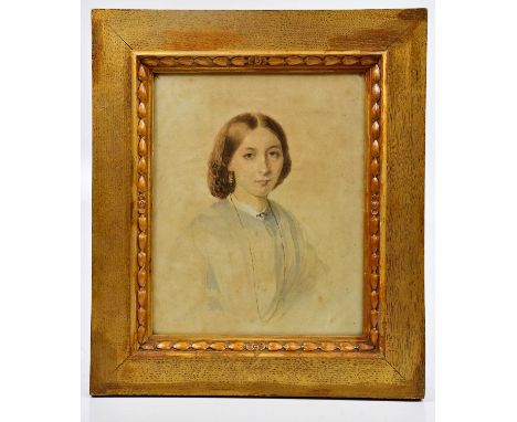 UNATTRIBUTED; a 19th century watercolour, portrait bust of a lady wearing a belcher chain, unsigned, 28 x 22.5cm, in gilt fra