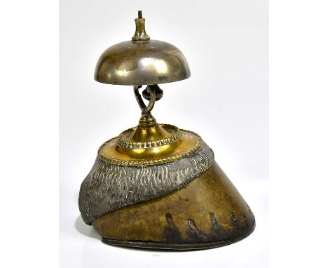 A horse hoof and brass bell, height 18cm.Condition Report: Missing bell button, top mount is slightly loose, otherwise good.