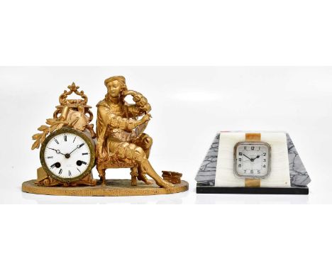 An Art Deco alabaster mantel clock, signed 'Bayard' to the dial which bears Arabic numerals, height 10cm, together with a gil