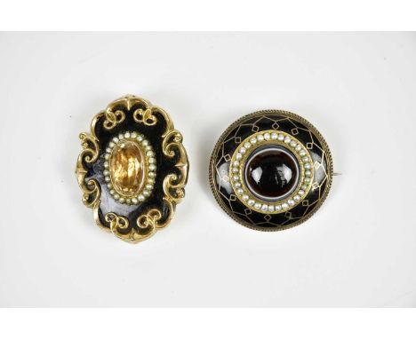 Two 19th century yellow metal and black enamel mourning rings, one set with agate and seed pearls, with inset hair verso, the