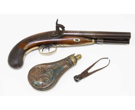 A 19th century side-by-side percussion cap London made pistol, with chequered walnut stock and brass furniture, also an assoc