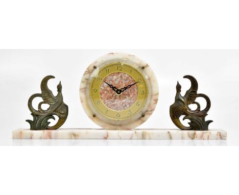 An Art Deco marble mantel clock, the circular dial set with Arabic numerals, flanked by a pair of bronzed spelter birds on a 