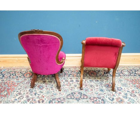 Two Victorian walnut framed button upholstered nursing chairs (2).