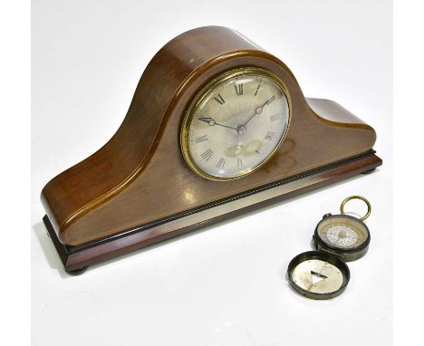 An Edwardian inlaid mahogany mantel clock, the engine turned dial set with Roman numerals, length 36cm, together with a milit