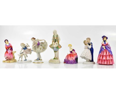 ROYAL DOULTON; two figures comprising HN1265 'Lady Fayre' and HN728 'A Victorian Lady', together with a Tuscan figure 'April 