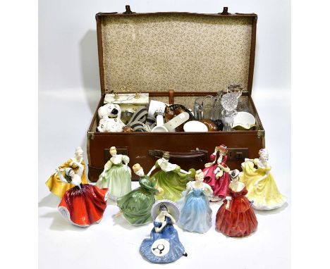 Ten Royal Doulton figures (seven seconds), also small group of decorative glassware, a decorative clock and various other orn