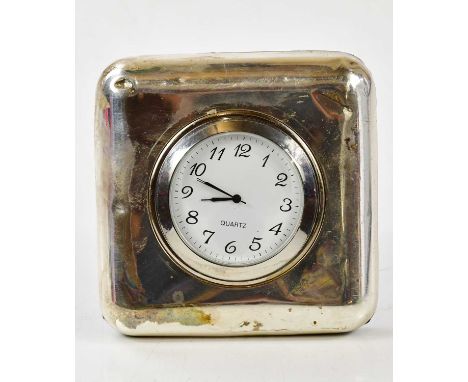 A sterling silver quartz movement mantel clock, with silver frame, stamped 925, 9cm.