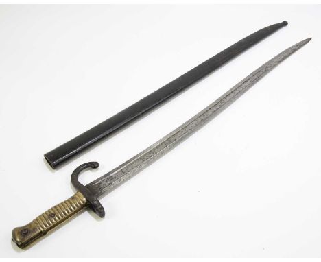 A 19th century French chassepot bayonet, marked to the blade 'MRE DE CHAT, 1870', with brass grip and metal scabbard, length 