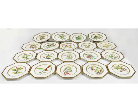 WORCESTER; a nineteen piece desert service, painted with botanic motifs, comprising three footed comports and sixteen octagon