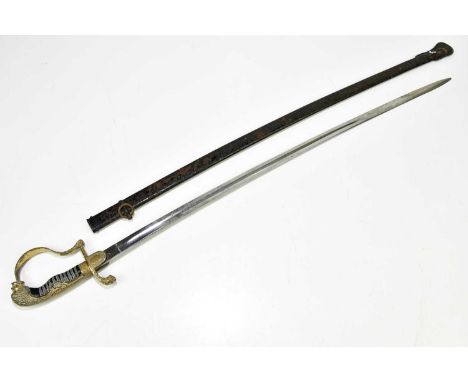 A Prussian artillery officer's sabre made by Pack Ohliger &amp; Co, in black painted scabbard.Condition Report: Scabbard with