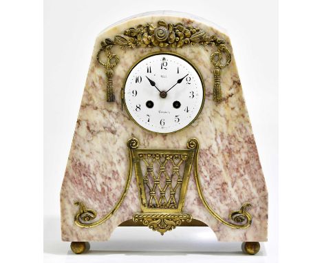 A French Art Deco mantel clock with arched top, with applied brass floral sprigging and basket design, the enamel dial signed