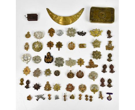 A collection of assorted cap badges, various regiments, including Cameronians, Light Infantry, etc, with an unusual French gi
